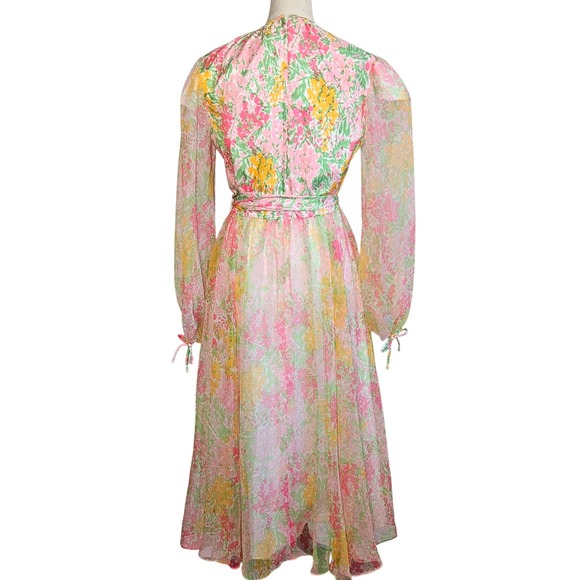 Vintage 70s Frances Brewster Floral Chiffon Dress Belted Boho M - Picture 8 of 8